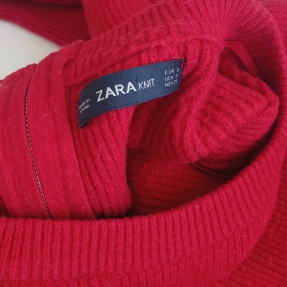 Zara Women's Red Cropped Ribbed Nylon Blend Long Sleeve Sweater S (Back Zip) - Picture 3 of 16